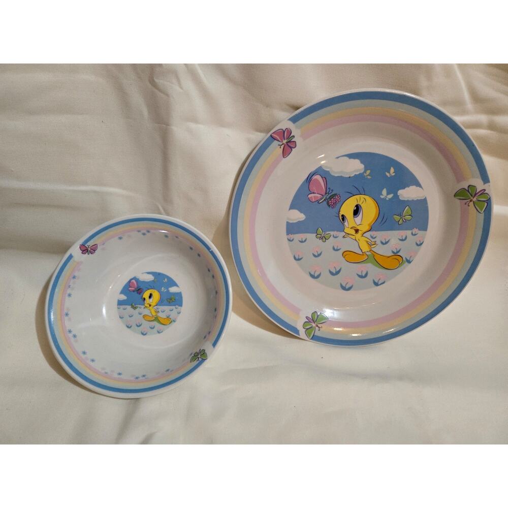 Gibson Looney Tunes Tweety Bird Butterfly Plate and Bowl